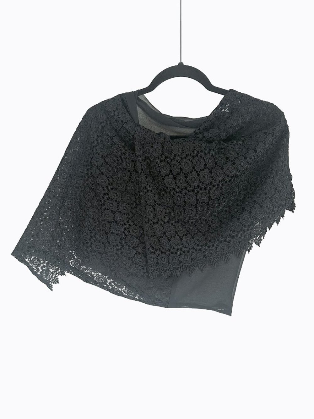 Vtg Halston Black Silk Chiffon Scarf Wrap Floral Crochet Lace Trim Evening 90s